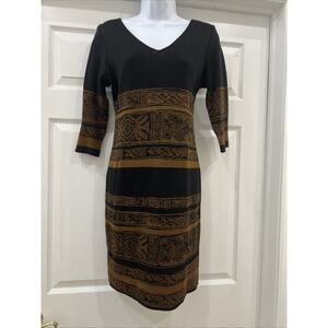 Peruvian Connection Pima Cotton Dress Sz Small S 3/4 Sleeves Brown Knee Length